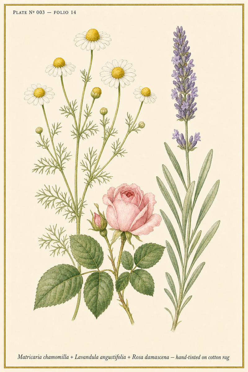 LINFA Vol. 3 Flos Nocturnus — botanical plate of chamomile, lavender, and damask rose, hand-tinted on cotton rag