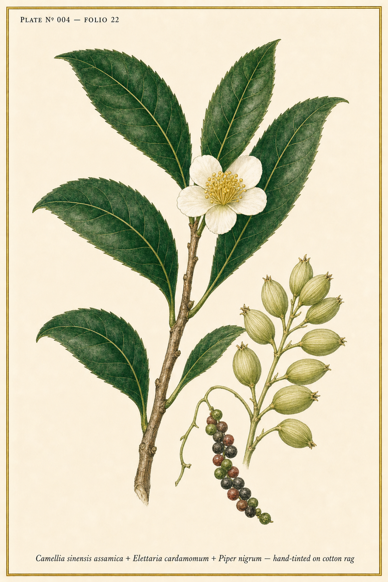 LINFA Vol. 4 Cortex Ardens — botanical plate of Assam tea, cardamom, and black pepper, hand-tinted on cotton rag