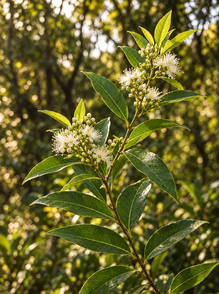 AI-generated lemon myrtle botanical concept imagery. Not a photograph of supplied stock or a supplier farm.