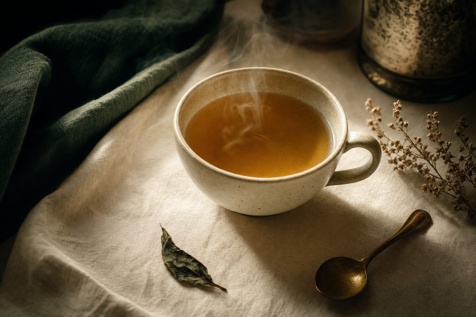 A ceramic teacup filled with amber tea, delicate steam curling upward on warm linen